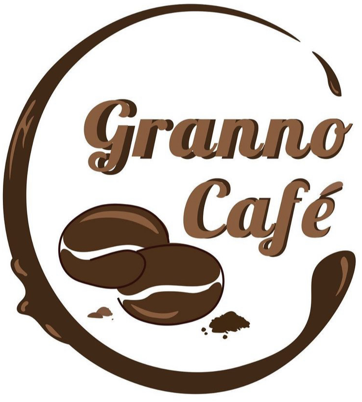 Logo with granno cafe text and 2 brown coffee beans